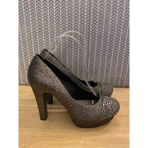Gianni Bini Womens Rhinestone Cap Toe Pumps Glitter Gold Black Sparkle
